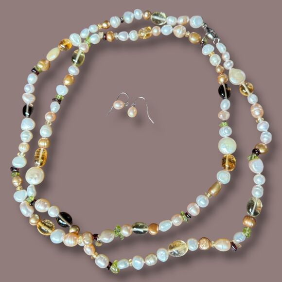 Honora 40" Freshwater Pearl & Gemstone Necklace w/ Earrings Citrine Smoky Quartz - Picture 11 of 16